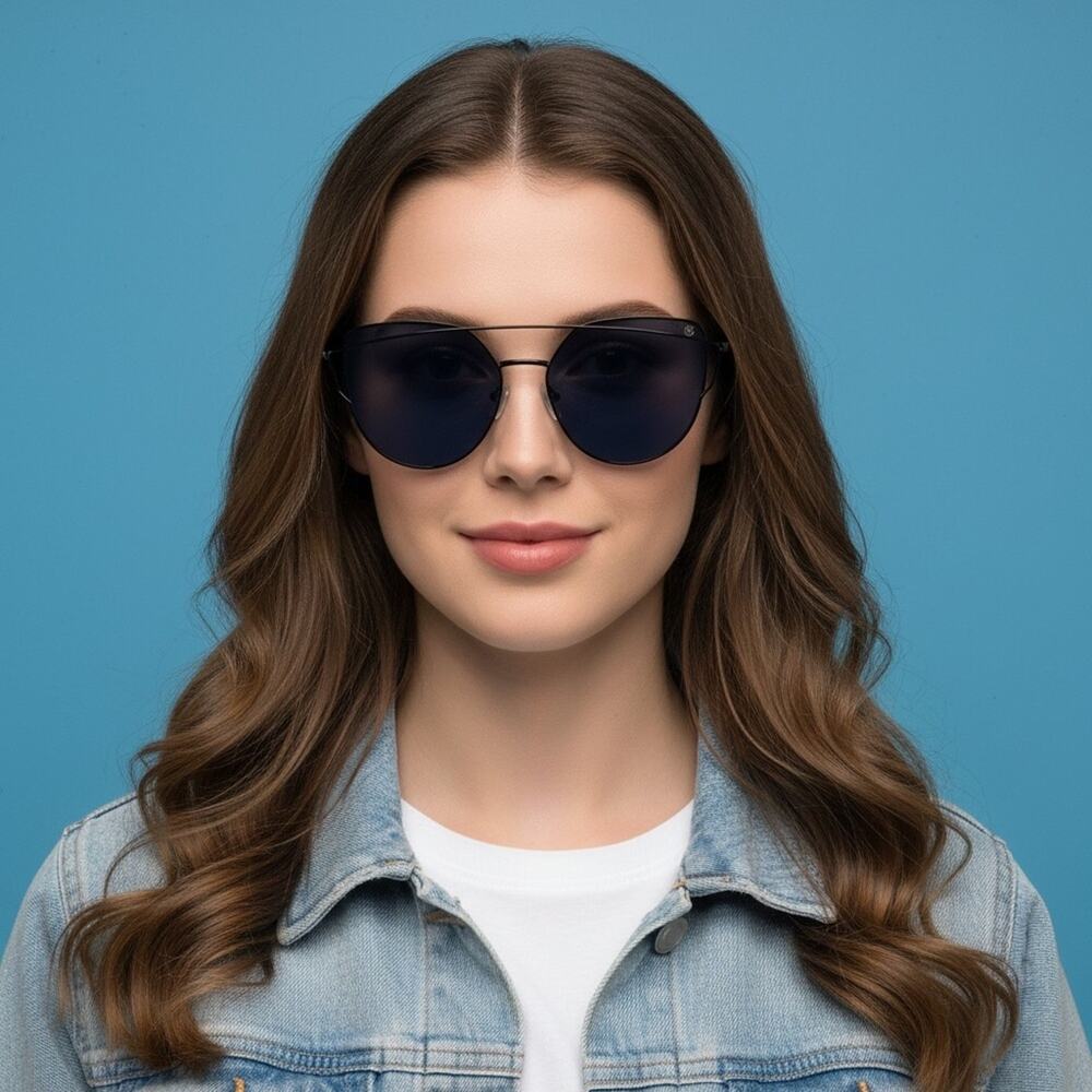 Black Metal Cat Eye Sunglasses Blue Tinted Lens Double Bridge CT1704A 60-20-140